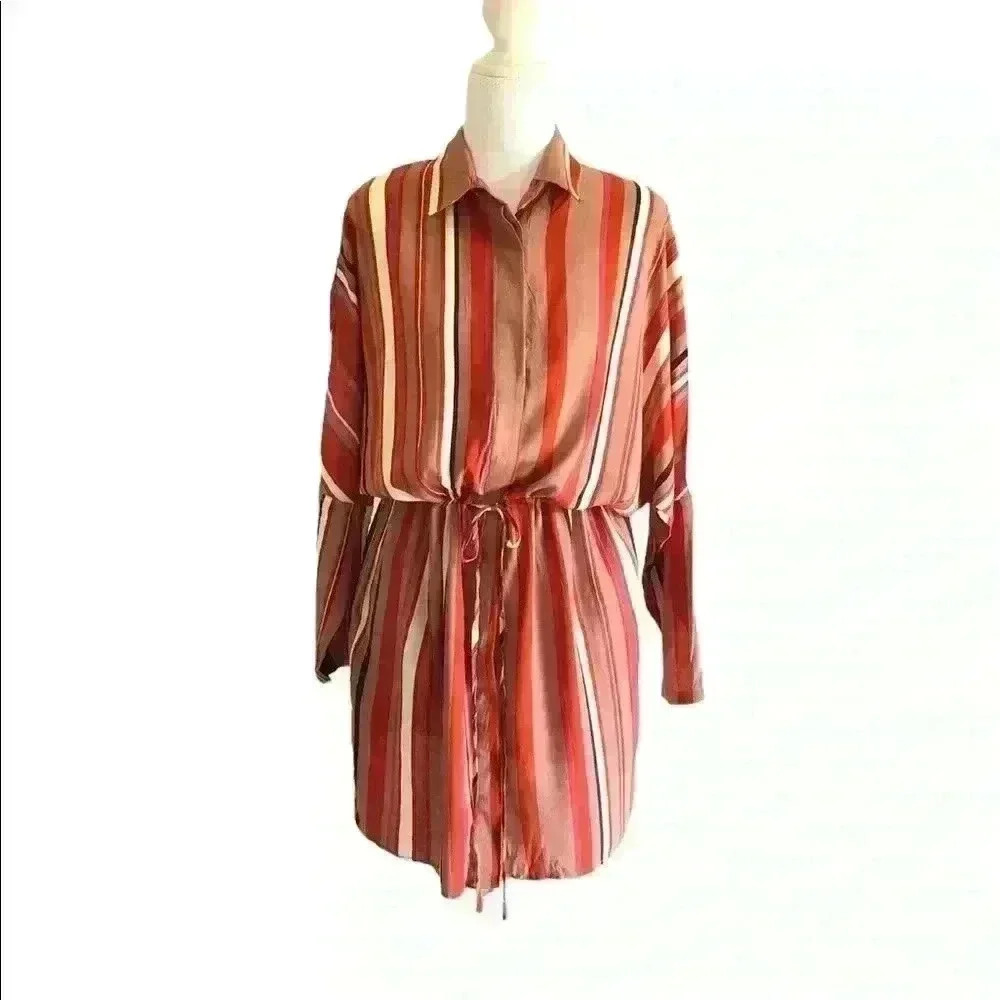 Aura Multi Striped Long Sleeve Shirt Mini Dress Women’s S